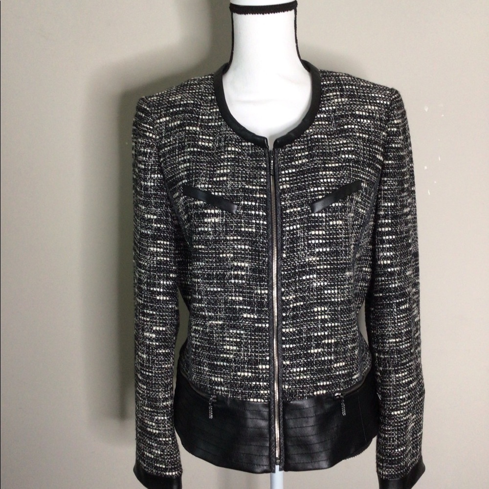 Etcetera Luxury NWOT Black-White Tweed Jacket 10 Faux Leather Contrast Zippers